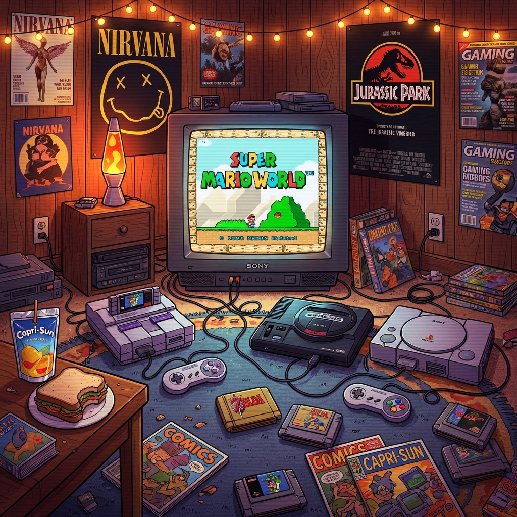 Sala de jogos anos 90 com TV de tubo e consoles